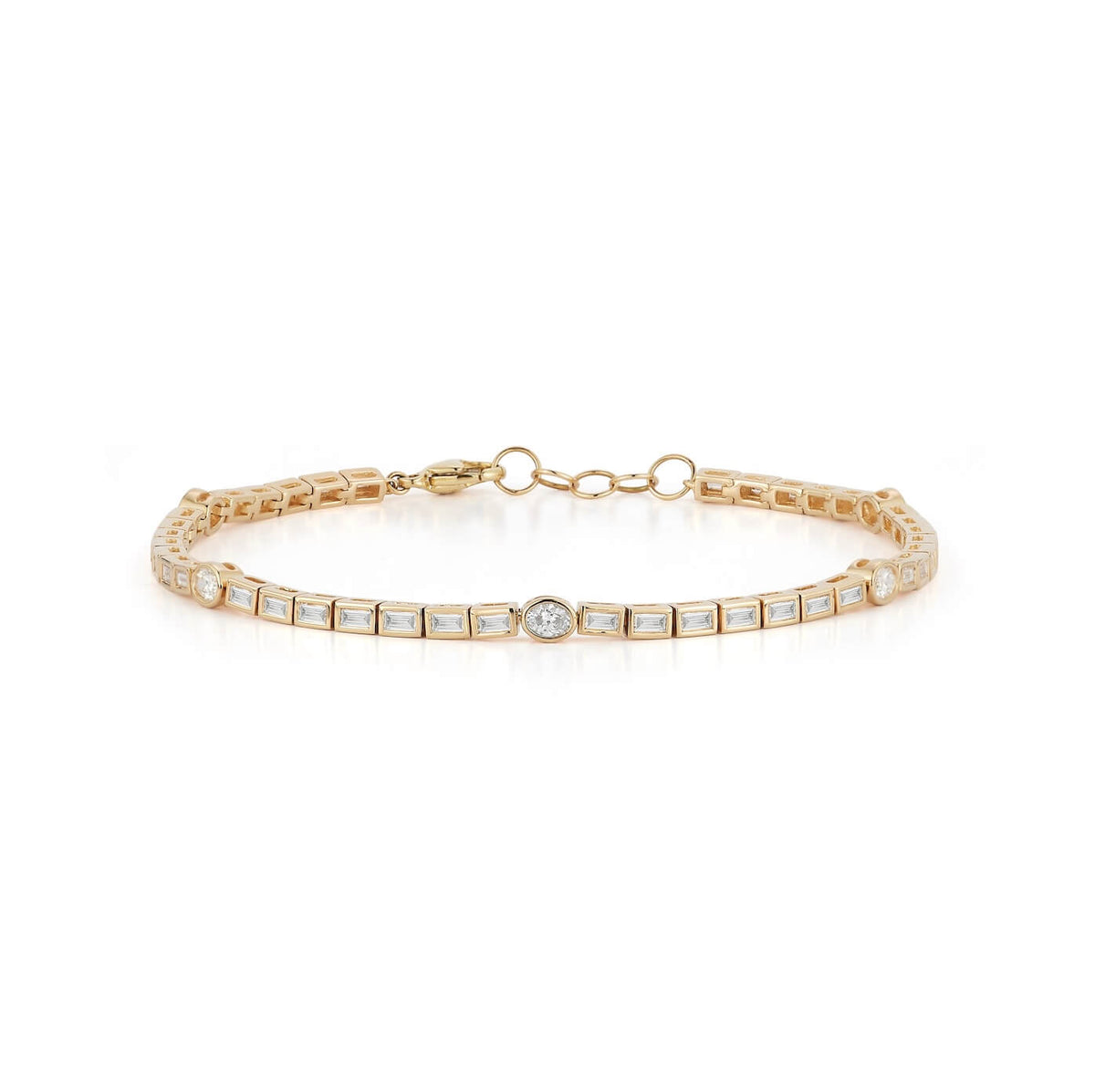 Yellow Gold-1^Diamond Tennis Bracelets: Sadie Pearl Bezel Baguette and Oval Tennis Bracelet in Yellow Gold