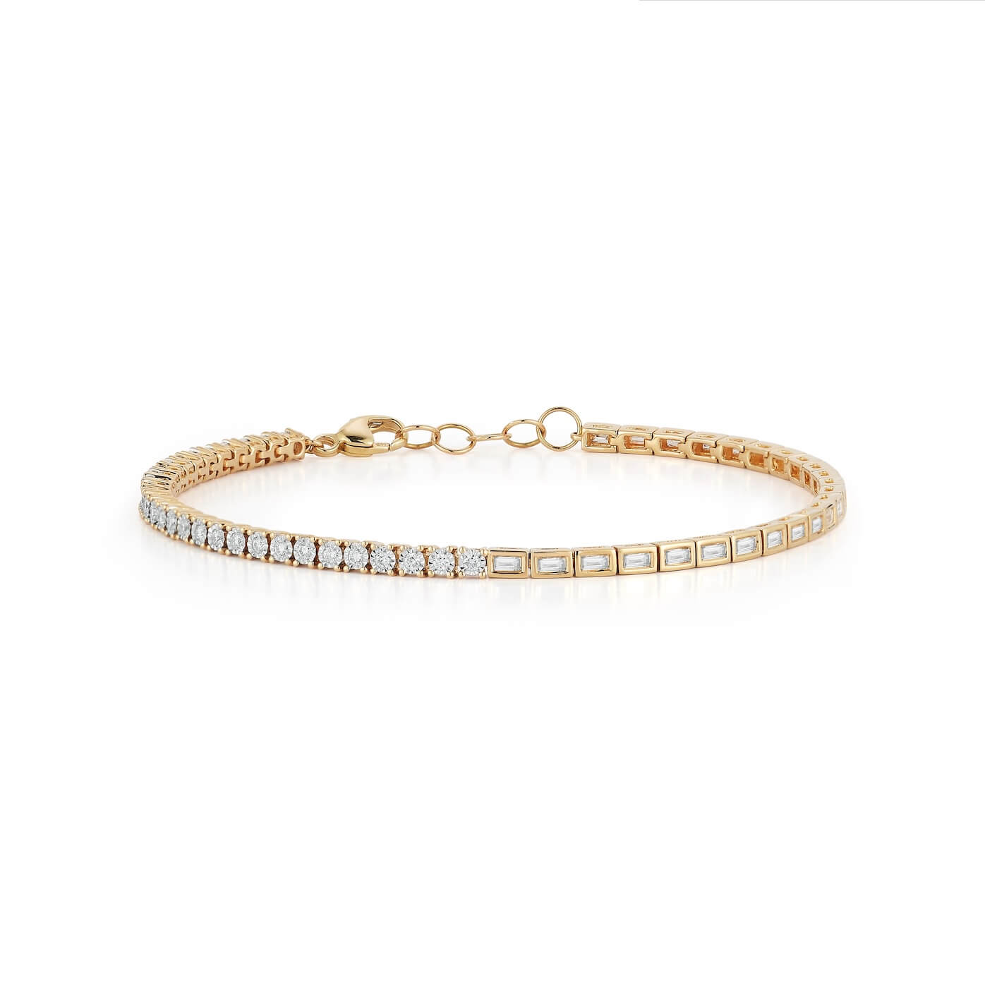 Yellow Gold-1^Diamond Tennis Bracelets: Sadie Pearl Bezel Baguette and Diamond Double Tennis Bracelet in Yellow Gold