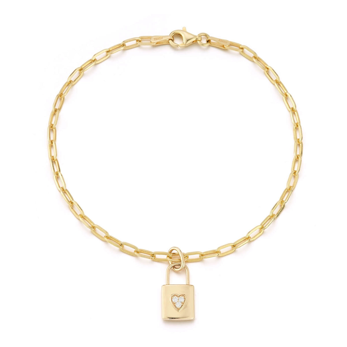 Yellow Gold-1^Designer Diamond Bracelets: DRD 19th  Anniversary Lock Charm Paperclip Bracelet in Yellow Gold