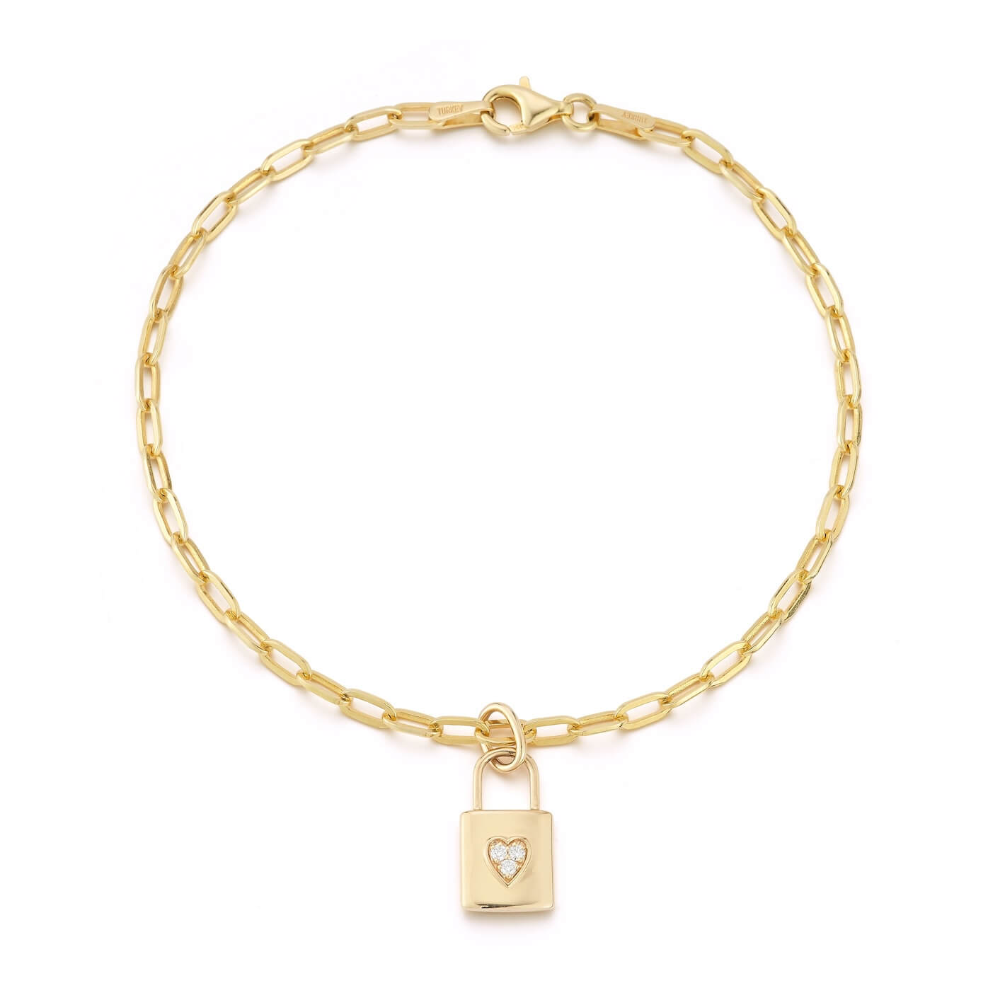 Yellow Gold-1^Designer Diamond Bracelets: DRD 19th  Anniversary Lock Charm Paperclip Bracelet in Yellow Gold