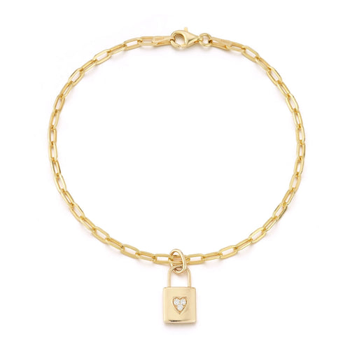 Yellow Gold-1^Designer Diamond Bracelets: DRD 19th  Anniversary Lock Charm Paperclip Bracelet in Yellow Gold