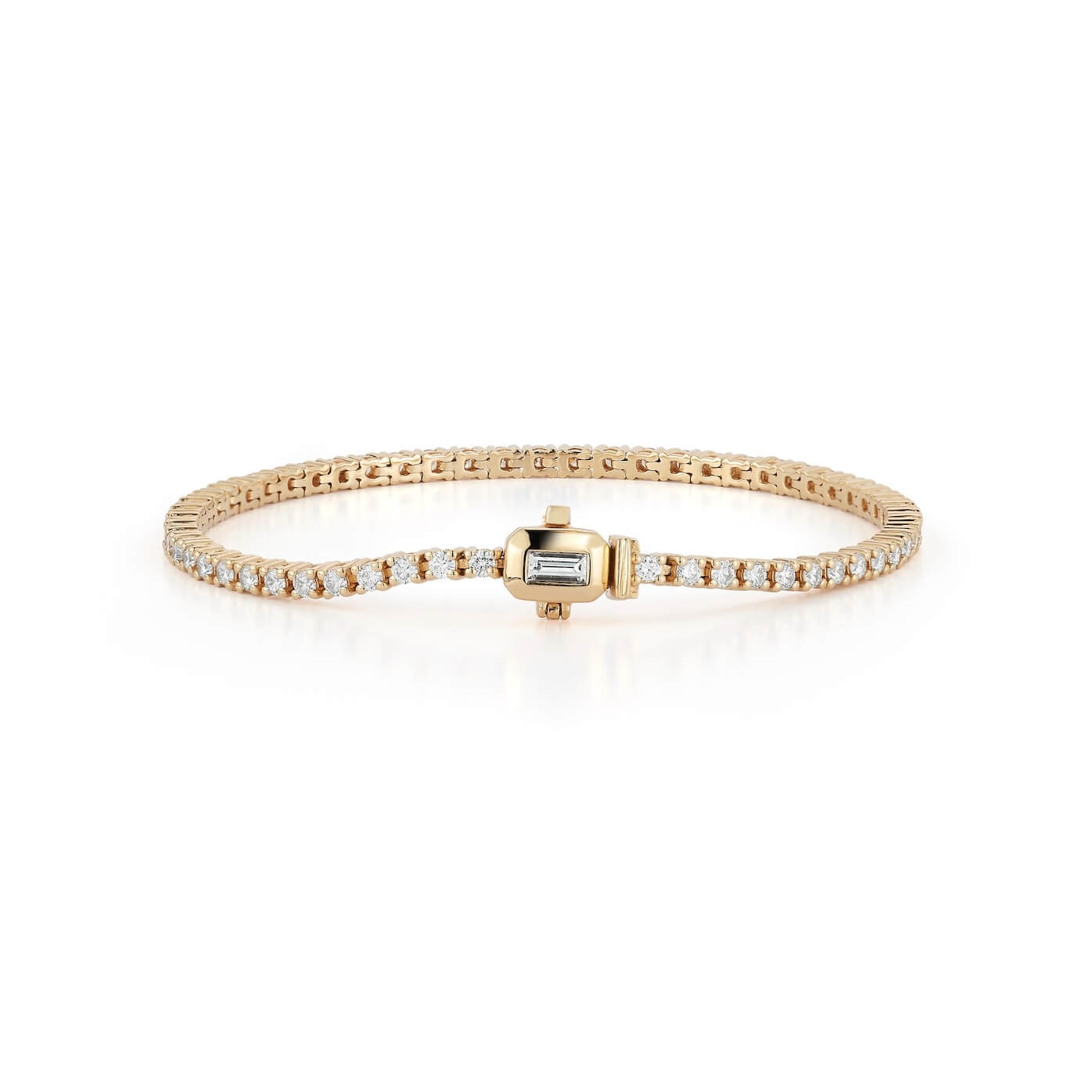 Yellow Gold-1^Diamond Tennis Bracelets: DRD Baguette Lock Tennis Bracelet in Yellow Gold