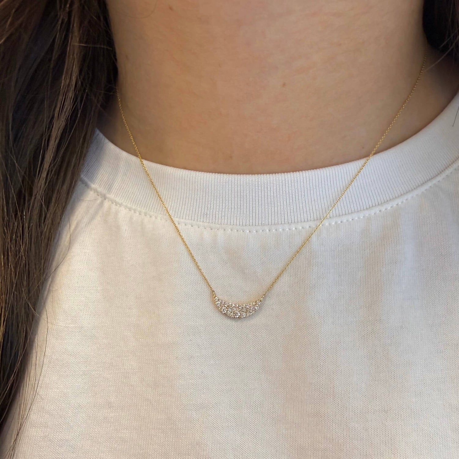 White Gold-2^Diamond Bar Necklaces: DRD Crescent Diamond Bar Necklace in White Gold