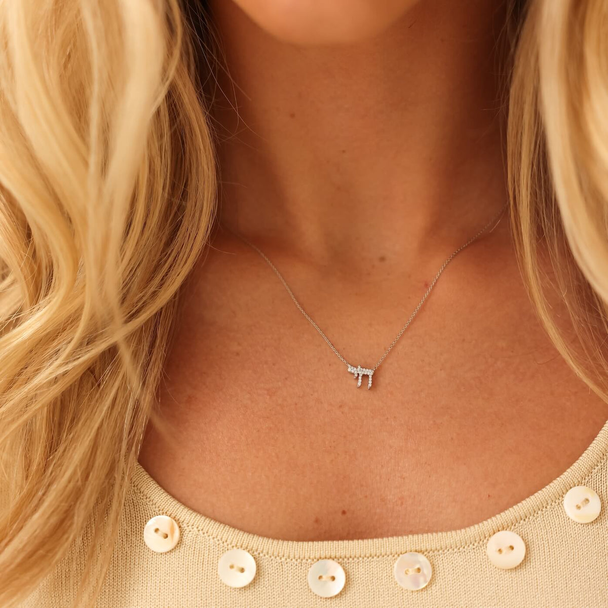 White Gold-2^Diamond Pendant Necklaces: DRD Mini Chai Necklace in White Gold