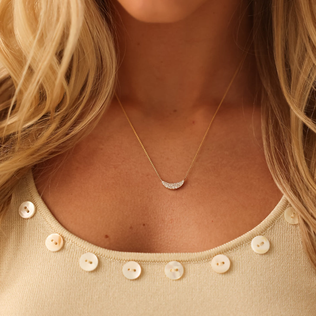Yellow Gold-2^Diamond Bar Necklaces: DRD Crescent Diamond Bar Necklace in Yellow Gold