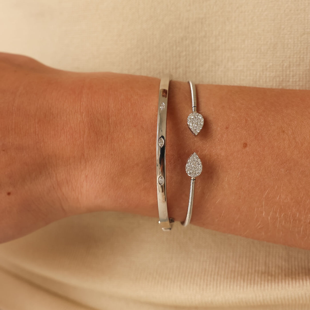 White Gold-2^Diamond Cuff Bracelets: Alexa Jordyn Inlay Marquise Bracelet in White Gold
