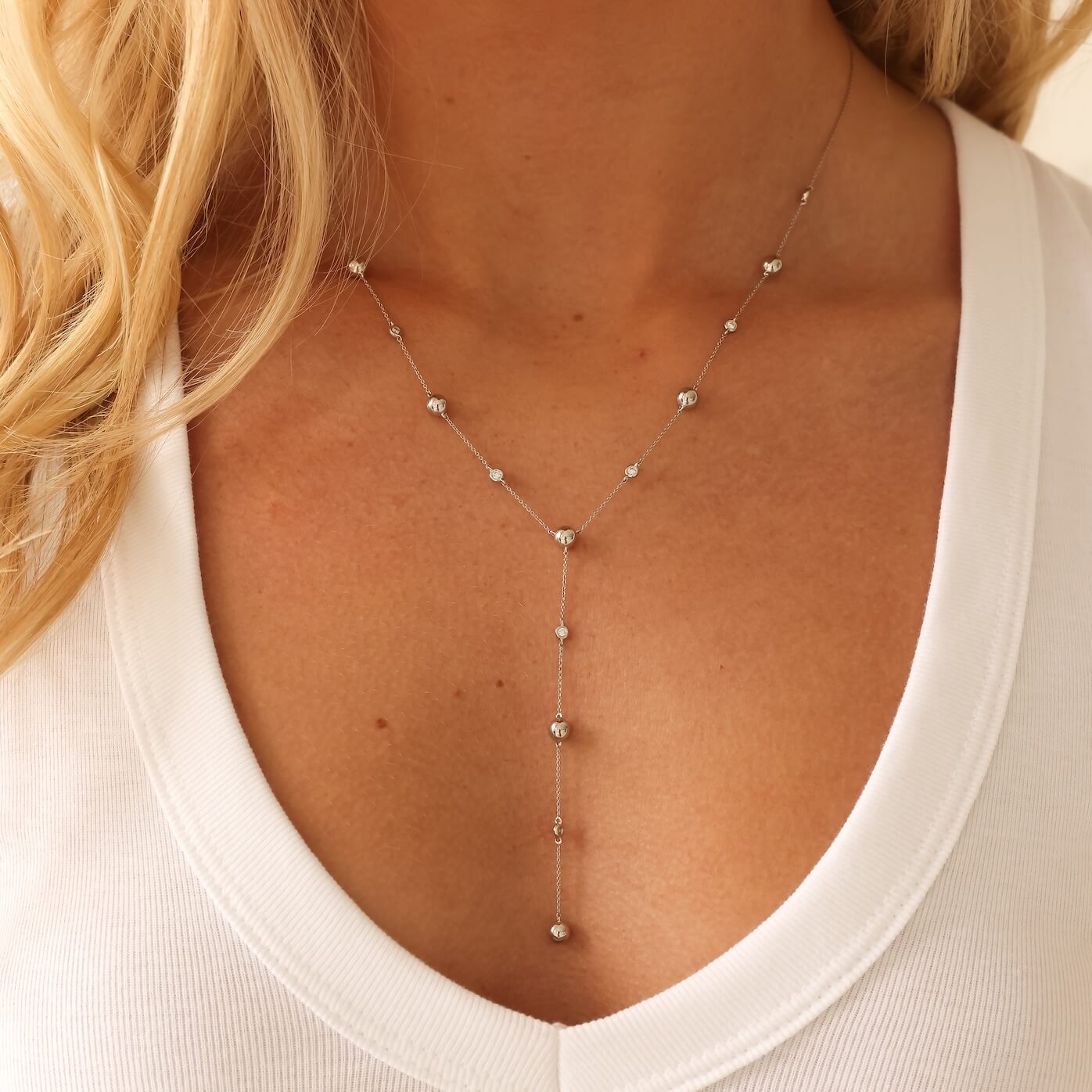 White Gold-2^Designer Diamond Necklaces: Poppy Rae Pebble Lariat Necklace in White Gold