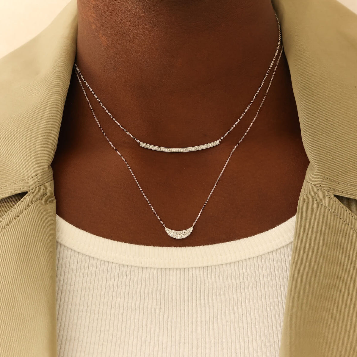 White Gold-2^Diamond Bar Necklaces: DRD Crescent Diamond Bar Necklace in White Gold