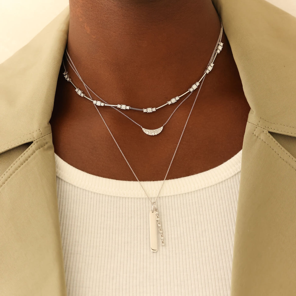 White Gold-3^Diamond Bar Necklaces: Lulu Jack Vertical Bar and Diamond Bezel Link Necklace in White Gold