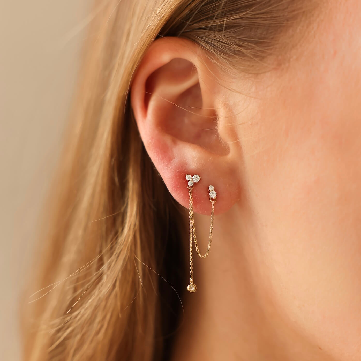 Yellow Gold-2^Single Stud Earrings: TDRD 19th Anniversary Single Chain Earring in Yellow Gold