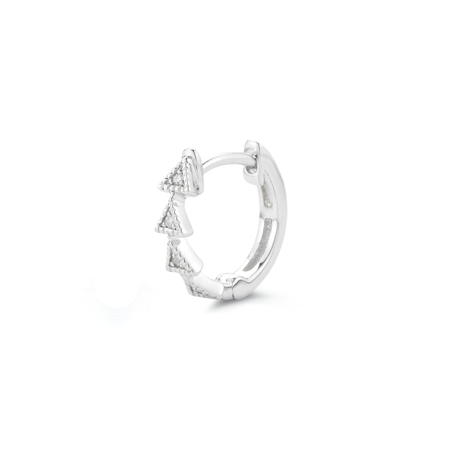 White Gold-1^Diamond Huggie Earrings: Emily Sarah Single Triangle Huggie in White Gold