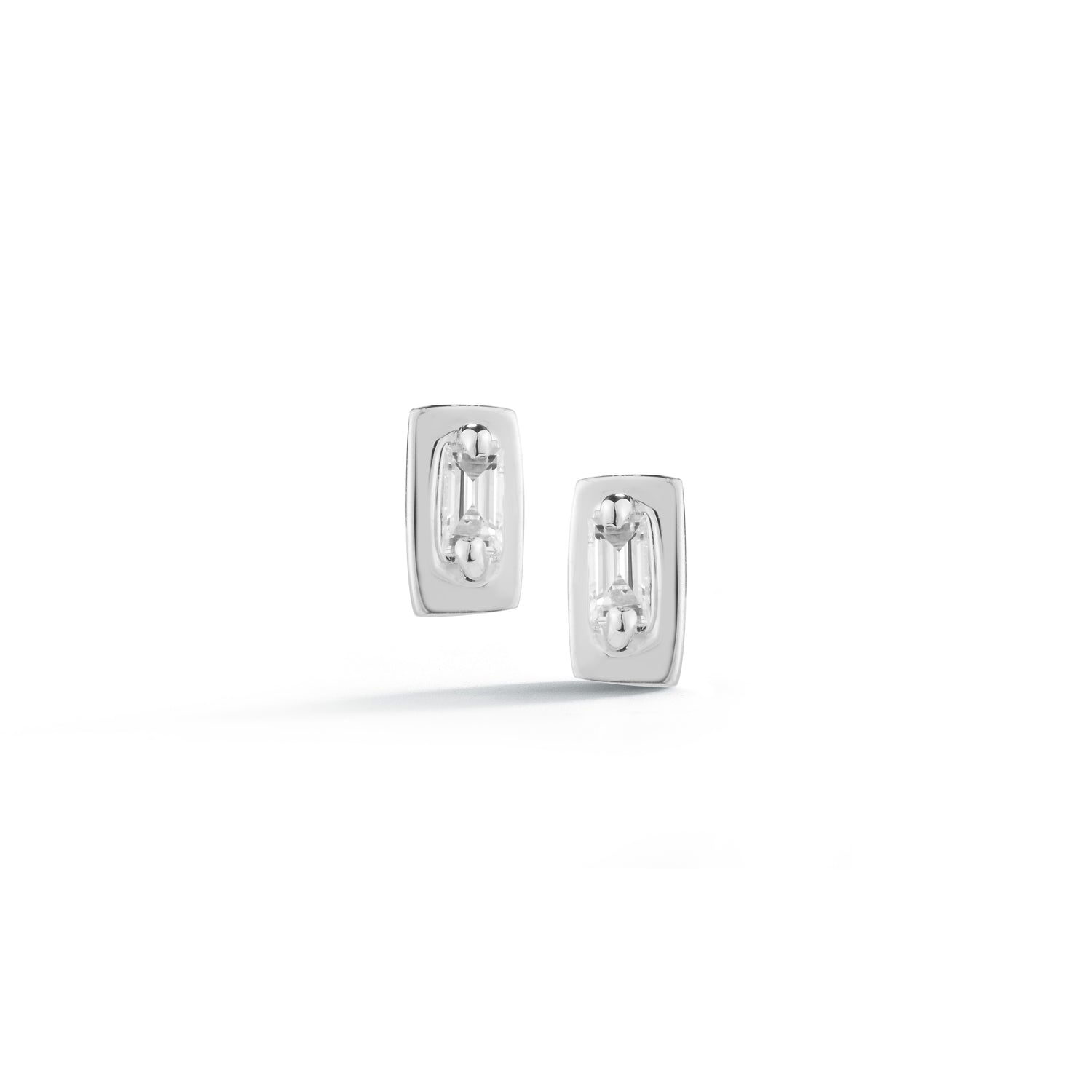 White Gold-1^Designer Stud Earrings: Remi Florence Mini Baguette Studs in White Gold 