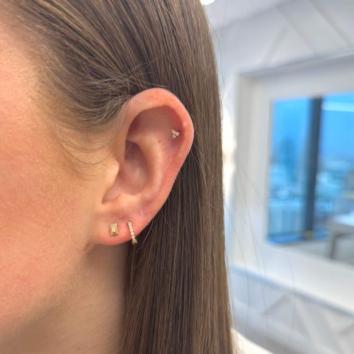 Yellow Gold-2^Designer Stud Earrings: Remi Florence Mini Baguette Studs in Yellow Gold 