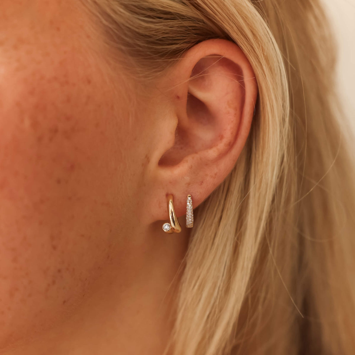 Yellow Gold-4^Diamond Huggie Earrings: DRD Tapered Huggies In Yellow Gold