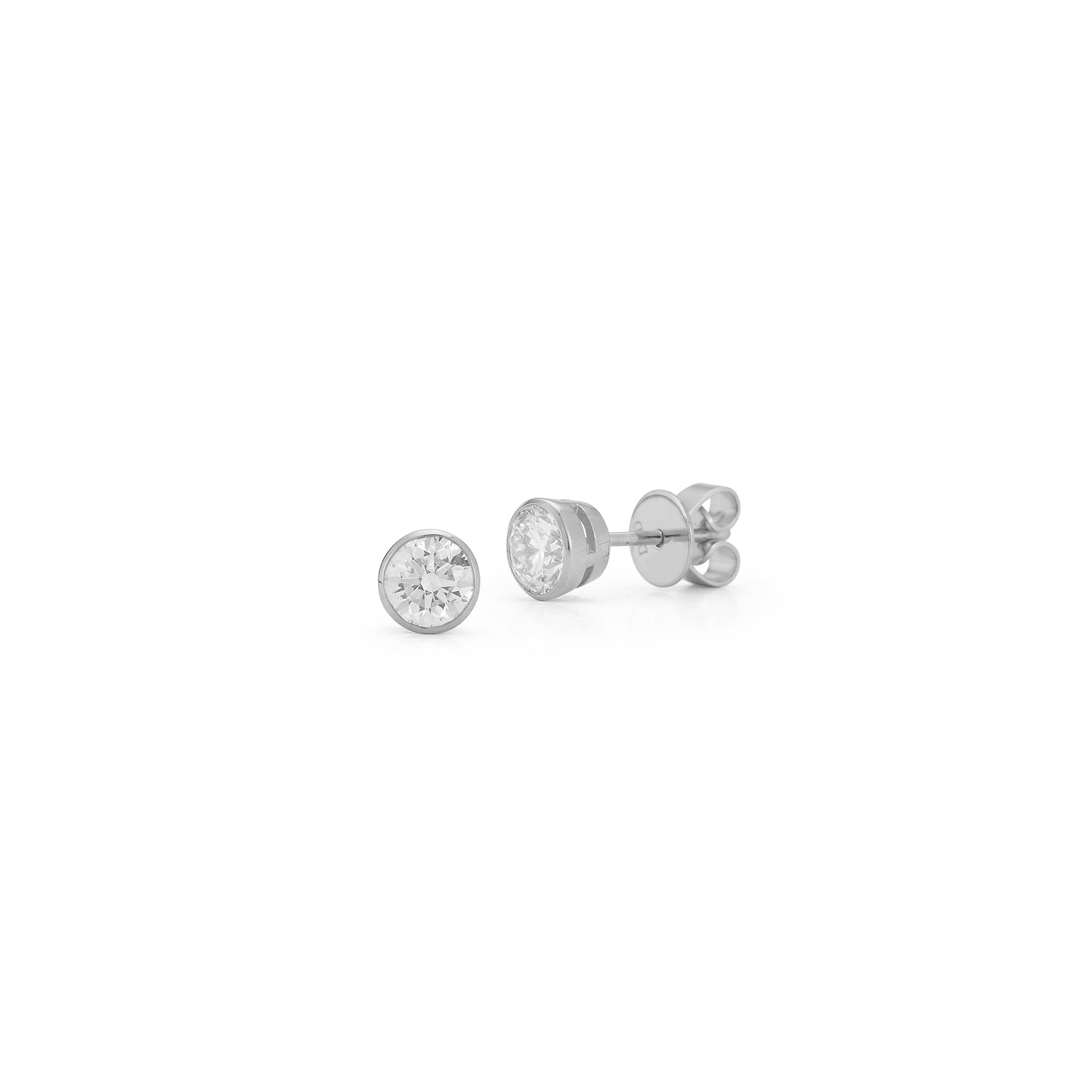 White Gold-4^Diamond Stud Earrings - DRD Diamond Solitaire Studs 0.80 Ct. Total Weight in White Gold. Bezel Setting