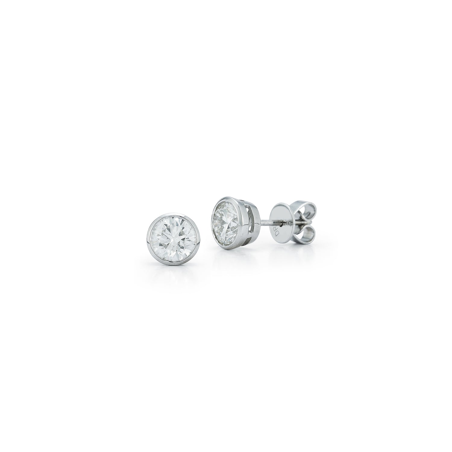White Gold-4^Diamond Stud Earrings - DRD Diamond Solitaire Studs 1.40 Ct. Total Weight in White Gold. Bezel Setting