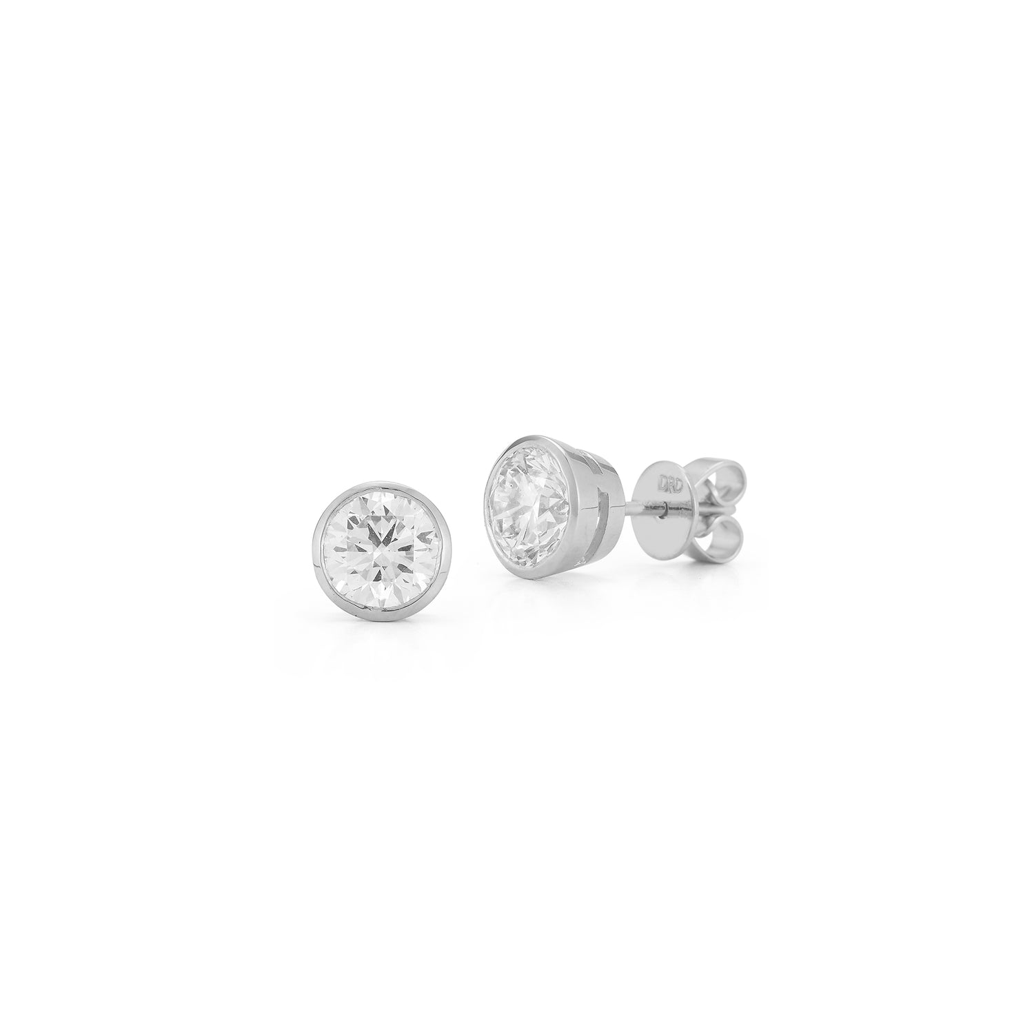 White Gold-1^Designer Stud Earrings: DRD Round Bezel Set Solitaire Studs 1.80 Ct. Total Weight in White Gold. Bezel Setting