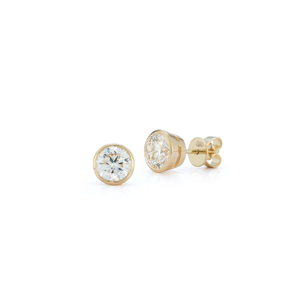 Yellow Gold-4^Designer Diamond Studs: DRD Diamond Solitaire Studs 1.80 Ct. Total Weight in Yellow Gold. Bezel Setting