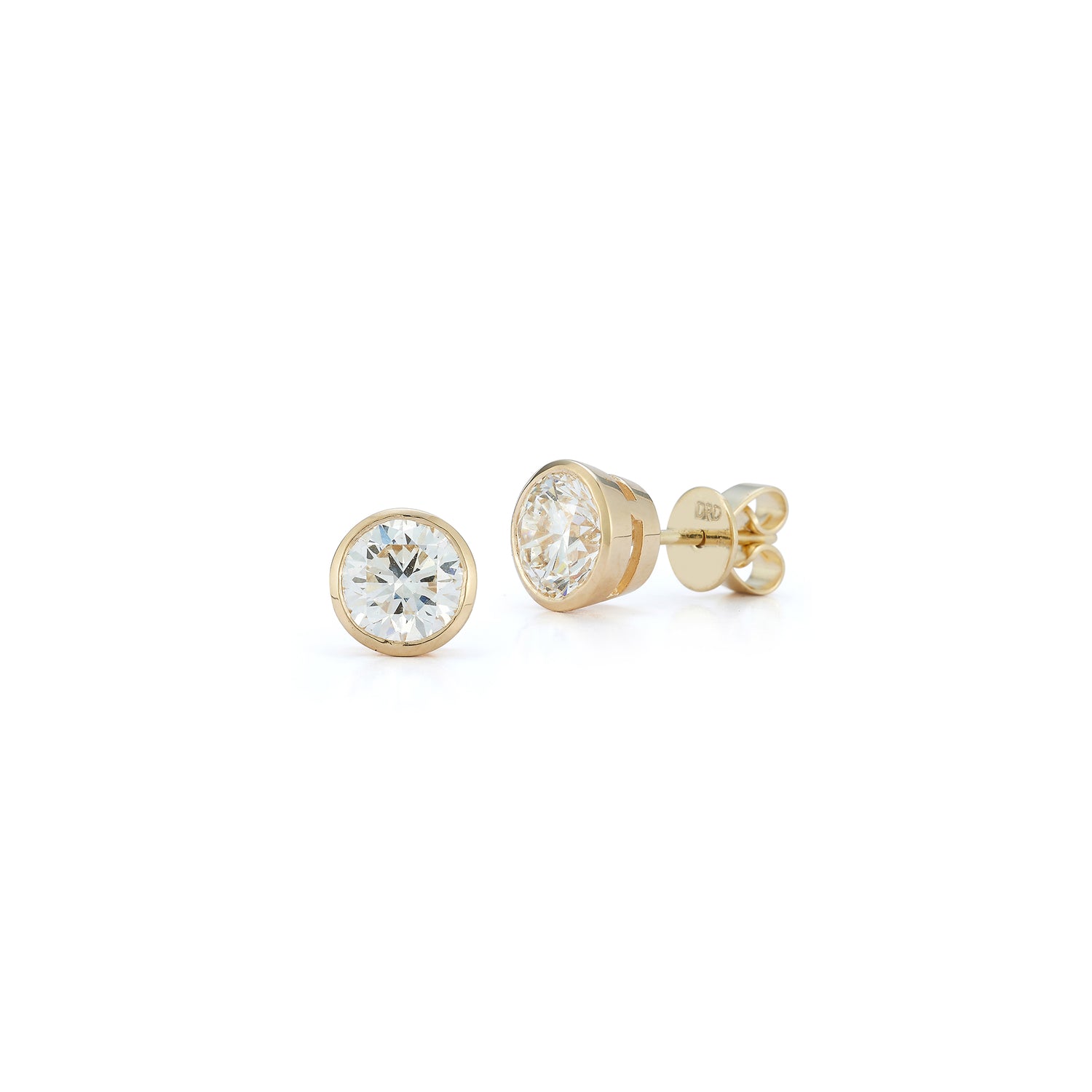 Yellow Gold-4^Designer Diamond Studs: DRD Diamond Solitaire Studs 1.80 Ct. Total Weight in Yellow Gold. Bezel Setting