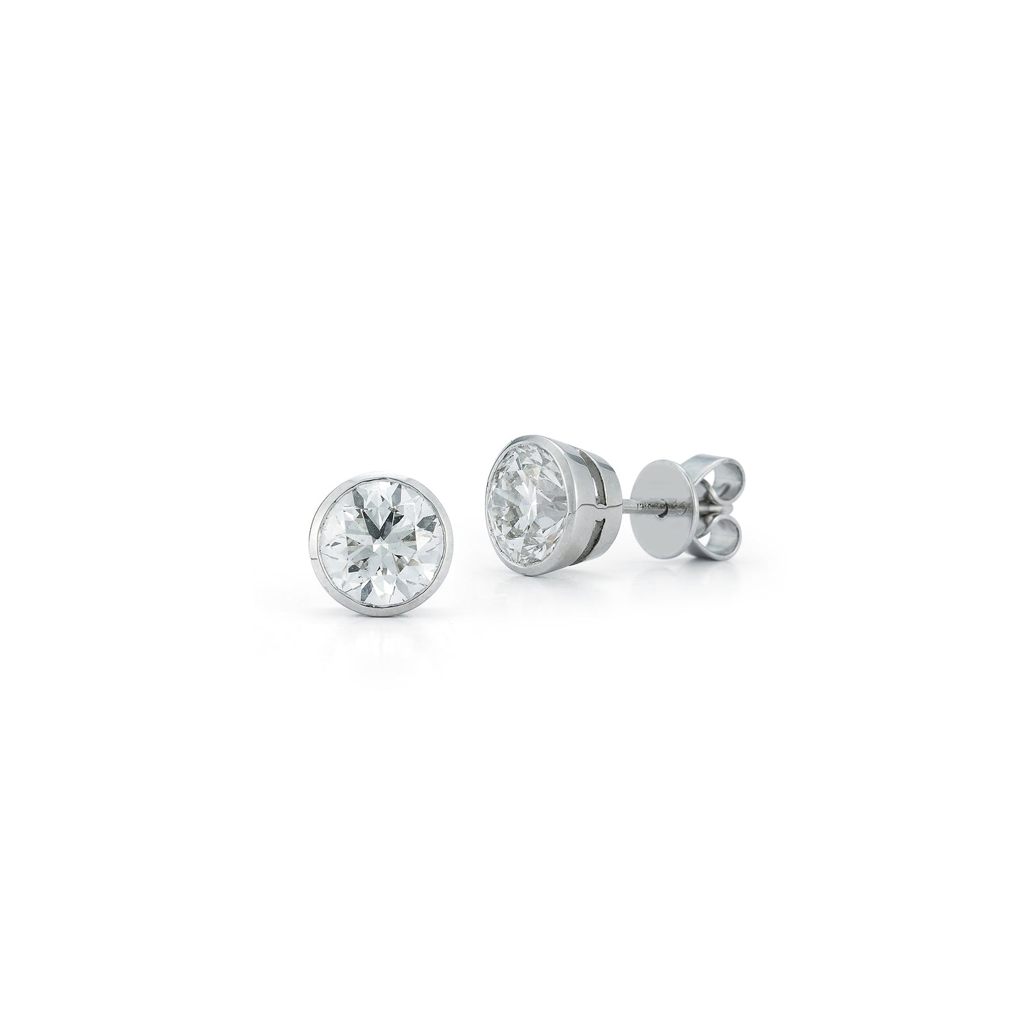 White Gold-4^Diamond Stud Earrings - DRD Diamond Solitaire Studs 2.00 Ct. Total Weight in White Gold. Bezel Setting