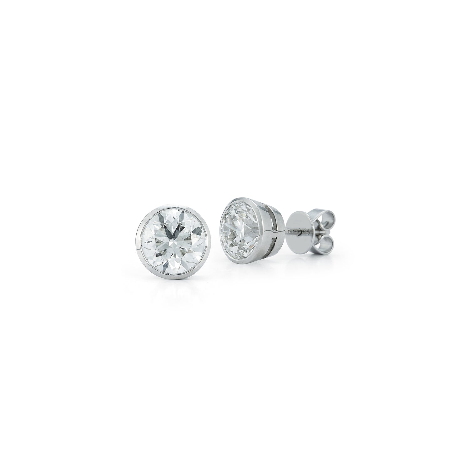 White Gold-3^Diamond Stud Earrings - DRD Diamond Solitaire Studs 2.40 Ct. Total Weight in White Gold. Bezel Setting
