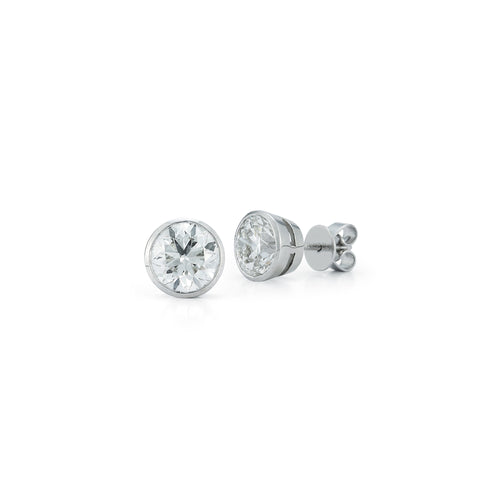 White Gold-3^Diamond Stud Earrings - DRD Diamond Solitaire Studs 2.40 Ct. Total Weight in White Gold. Bezel Setting