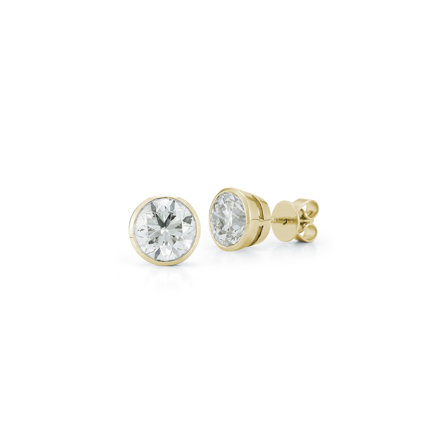 Yellow Gold-3^Diamond Stud Earrings - DRD Diamond Solitaire Studs 2.40 Ct. Total Weight in Yellow Gold. Bezel Setting