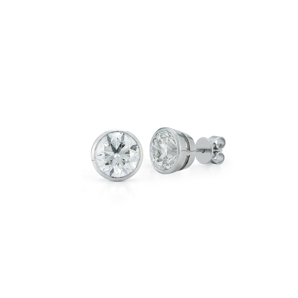White Gold-3^Diamond Stud Earrings - DRD Diamond Solitaire Studs 3.00 Ct. Total Weight in White Gold. Bezel Setting