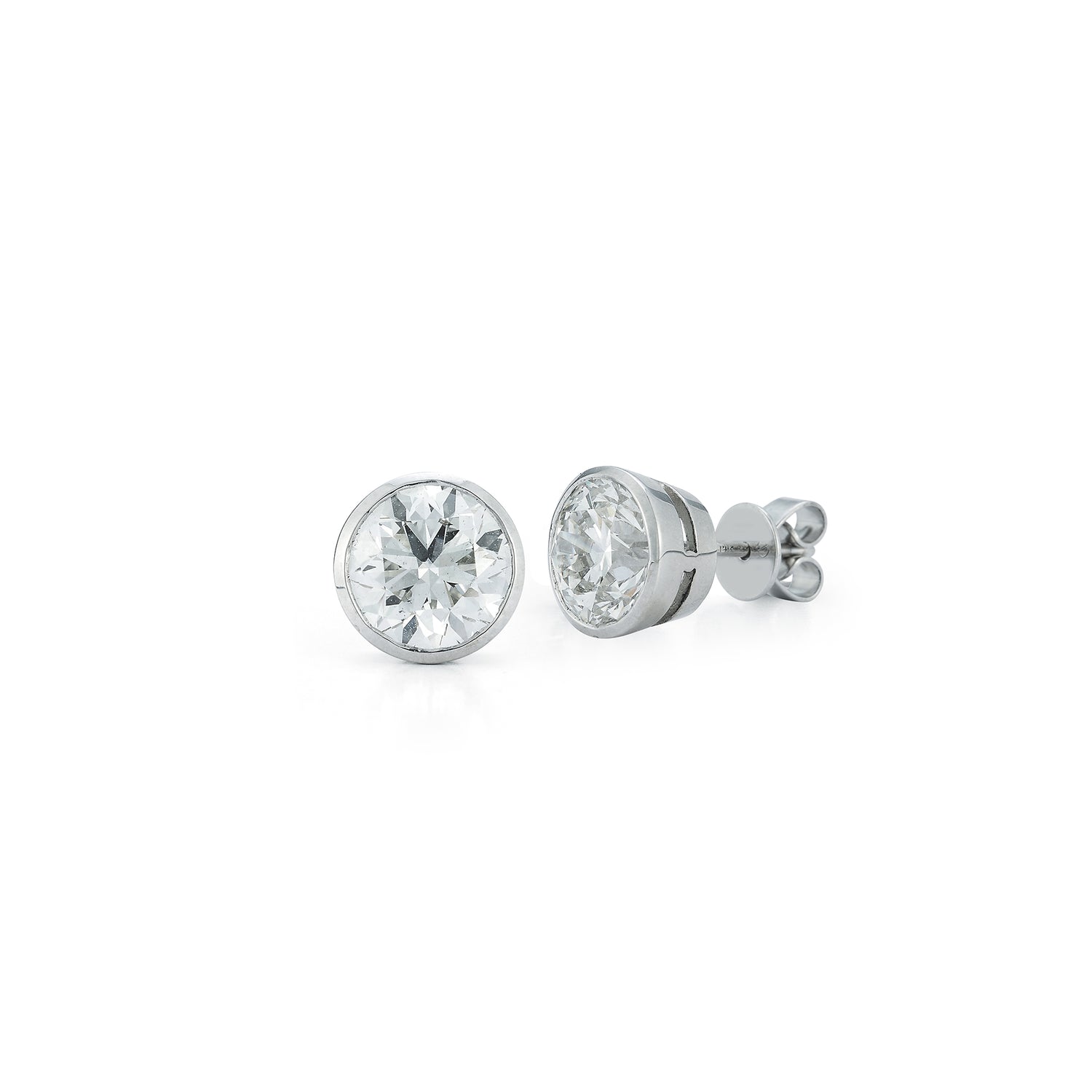 White Gold-3^Diamond Stud Earrings - DRD Diamond Solitaire Studs 3.00 Ct. Total Weight in White Gold. Bezel Setting