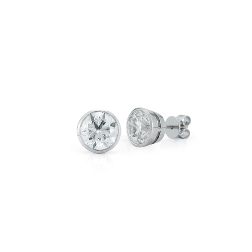 White Gold-3^Diamond Stud Earrings - DRD Diamond Solitaire Studs 3.00 Ct. Total Weight in White Gold. Bezel Setting