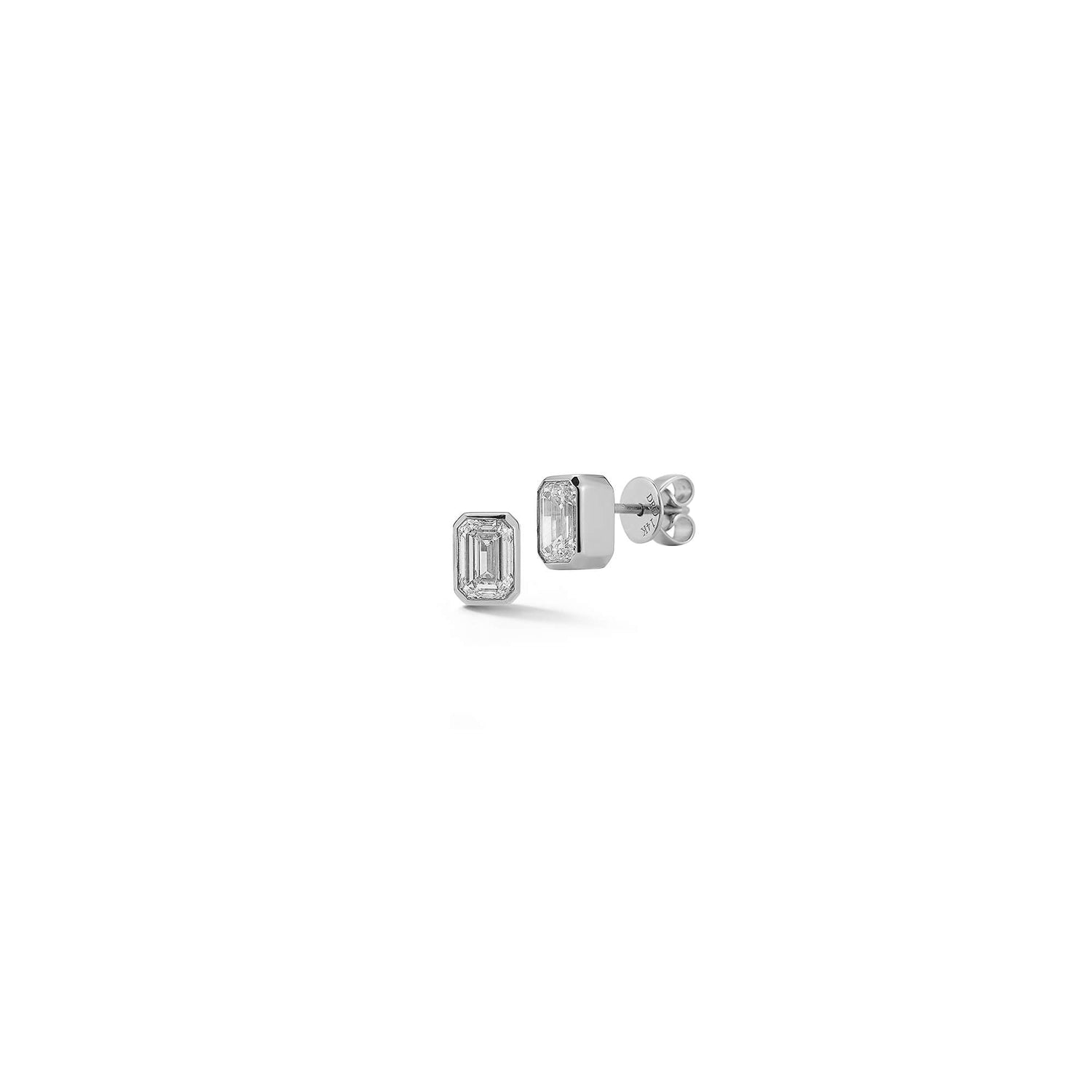 White Gold-1^Designer Stud Earrings: DRD Emerald Cut Bezel Set Diamond Studs 1.00 Ct. Total Weight in White Gold