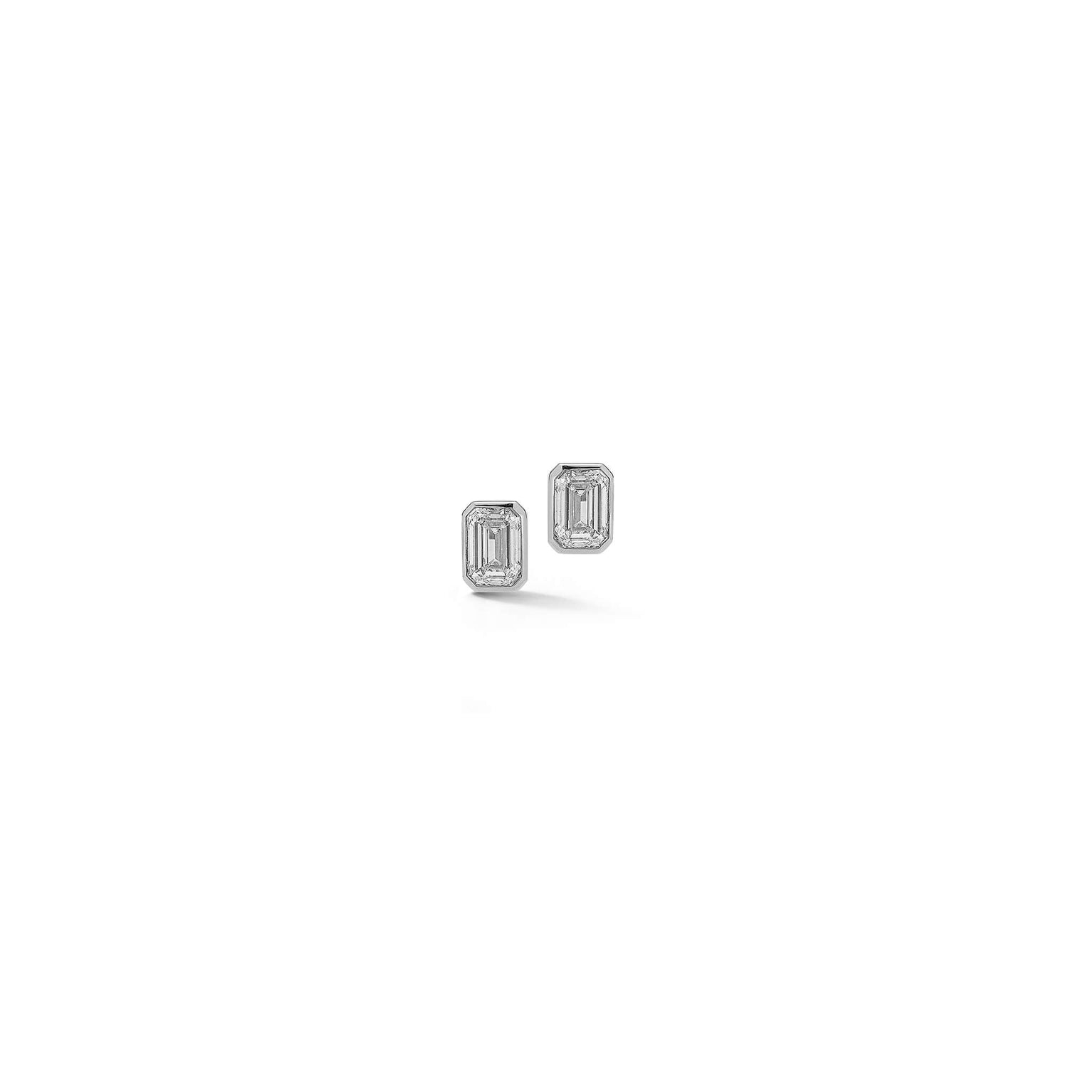 White Gold-2^Designer Stud Earrings: DRD Emerald Cut Bezel Set Diamond Studs 1.00 Ct. Total Weight in White Gold