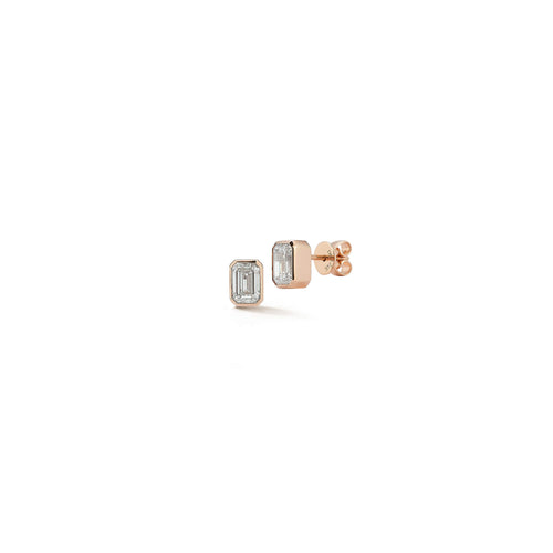 Rose Gold-1^Designer Stud Earrings: DRD Emerald Cut Bezel Set Diamond Studs 1.00 Ct. Total Weight in Rose Gold