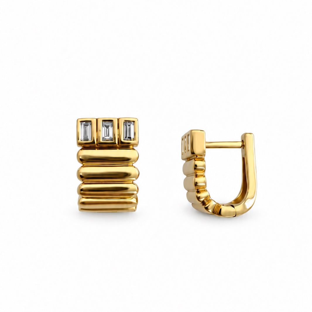 Yellow Gold-1^Huggie Earrings: Melody Eden XL Baguette U Hoops in Yellow Gold