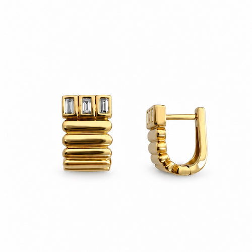 Yellow Gold-1^Huggie Earrings: Melody Eden XL Baguette U Hoops in Yellow Gold