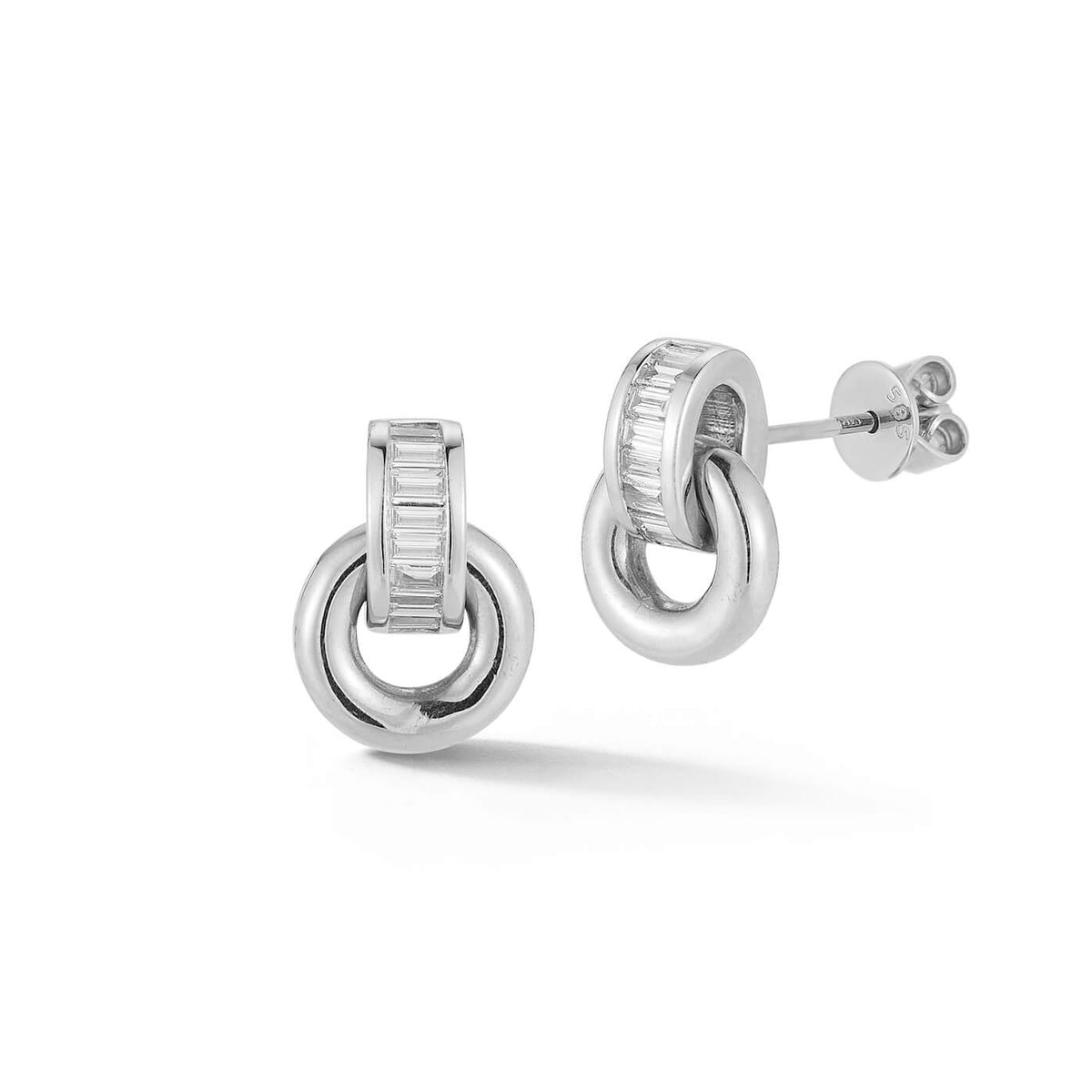 White Gold-1^Designer Stud Earrings: Sadie Pearl Baguette Interlocking Studs in White Gold