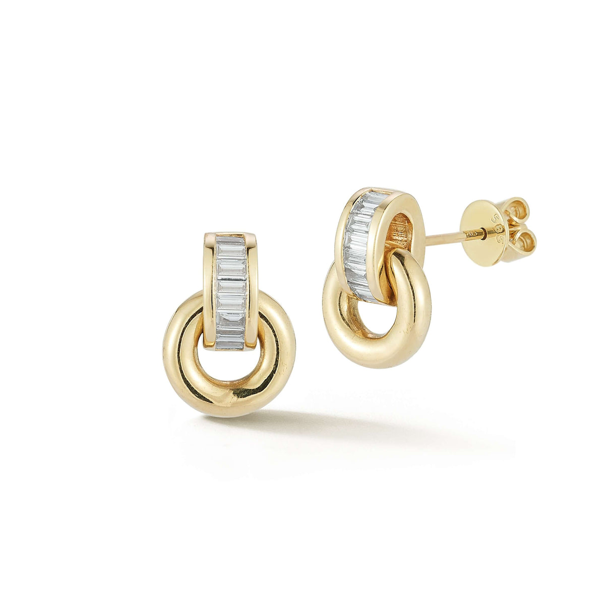 Yellow Gold-1^Designer Stud Earrings: Sadie Pearl Baguette Interlocking Studs in Yellow Gold