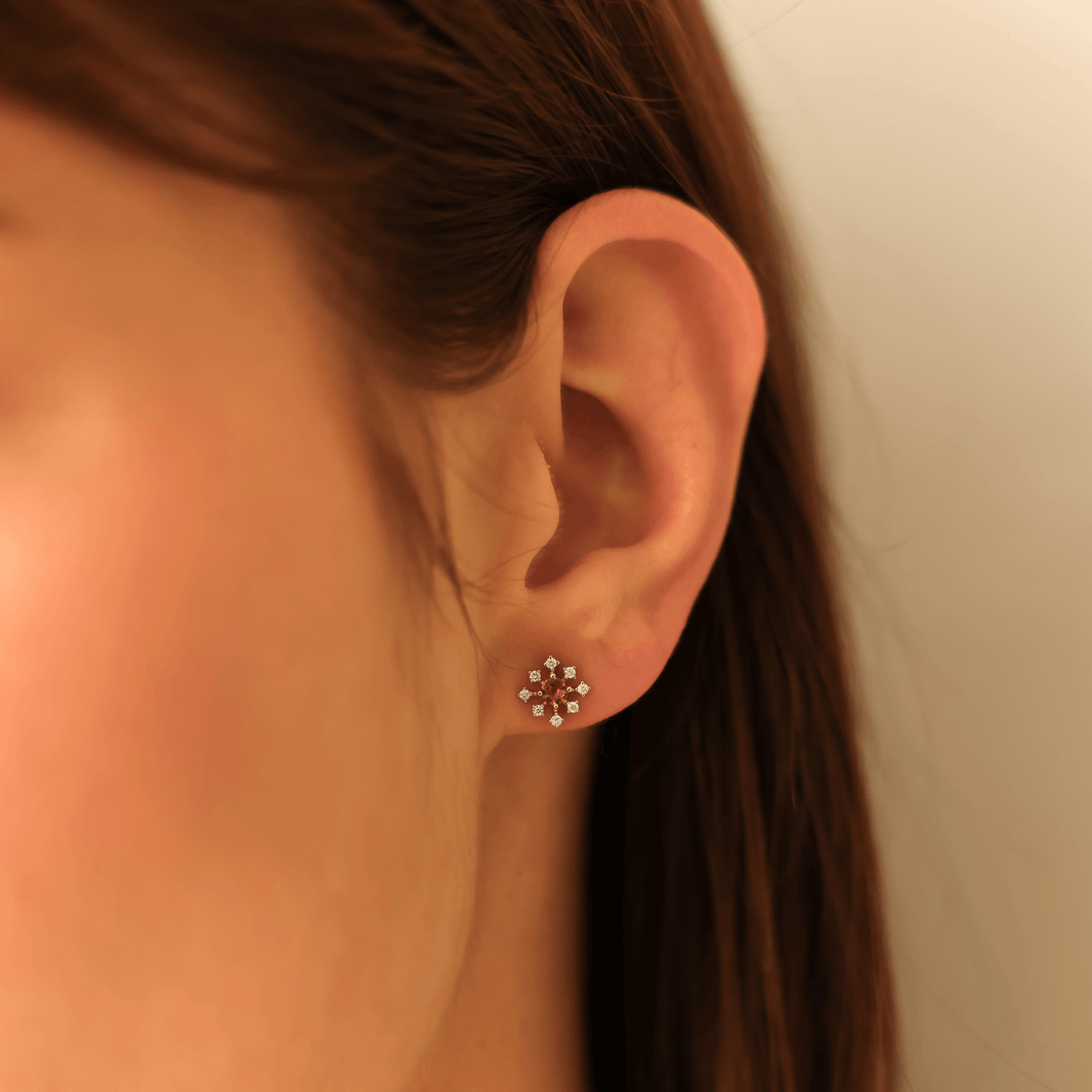 Yellow Gold-2^Designer Stud Earrings: DRD October Birthstone Floral Burst Studs in Yellow Gold