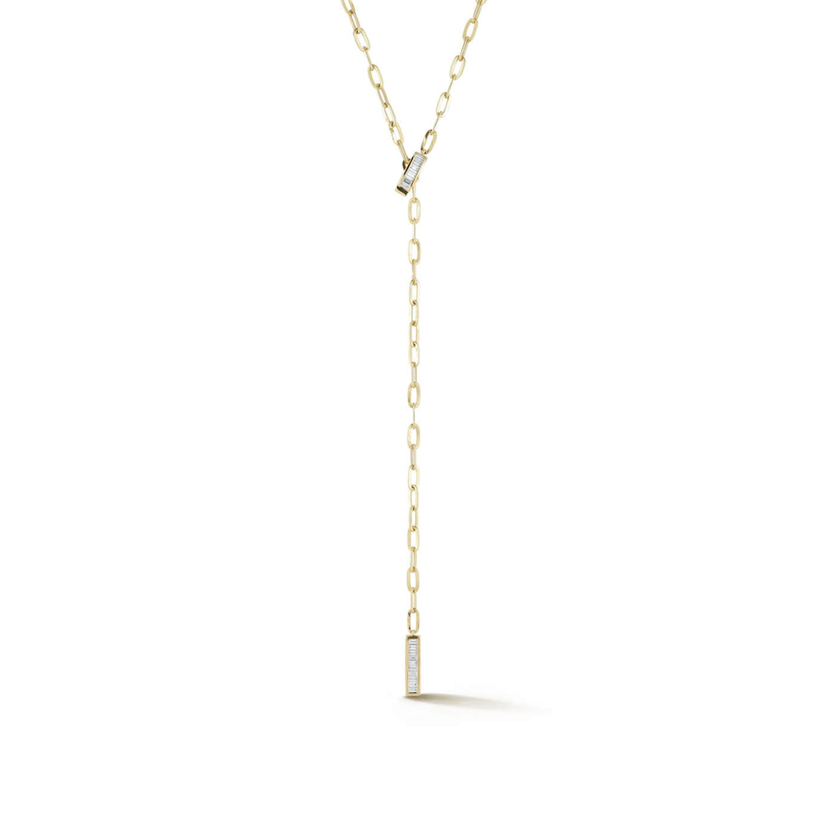 Yellow Gold-1^Designer Diamond Necklaces: Sadie Pearl Baguette Paperclip Lariat Necklace in Yellow Gold