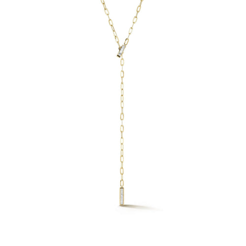Yellow Gold-1^Designer Diamond Necklaces: Sadie Pearl Baguette Paperclip Lariat Necklace in Yellow Gold