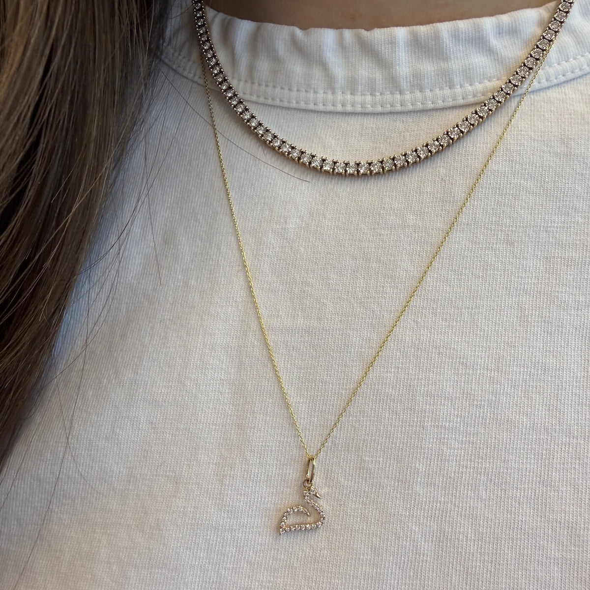 White Gold-2^Designer Diamond Necklaces: DRD Swan Charm in White Gold