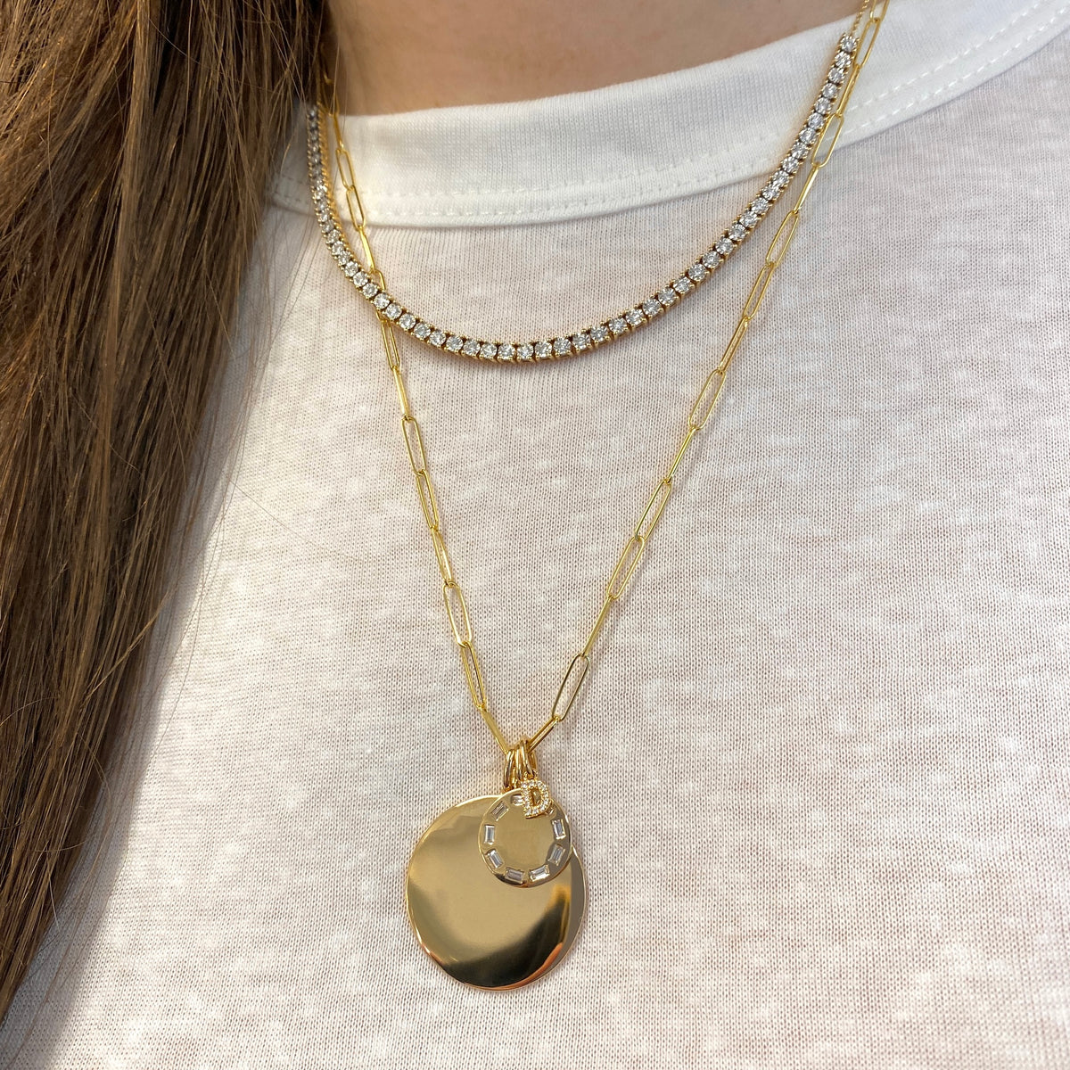 Yellow Gold-2^Designer Diamond Necklaces: DRD Gold Baguette Charm in Yellow Gold