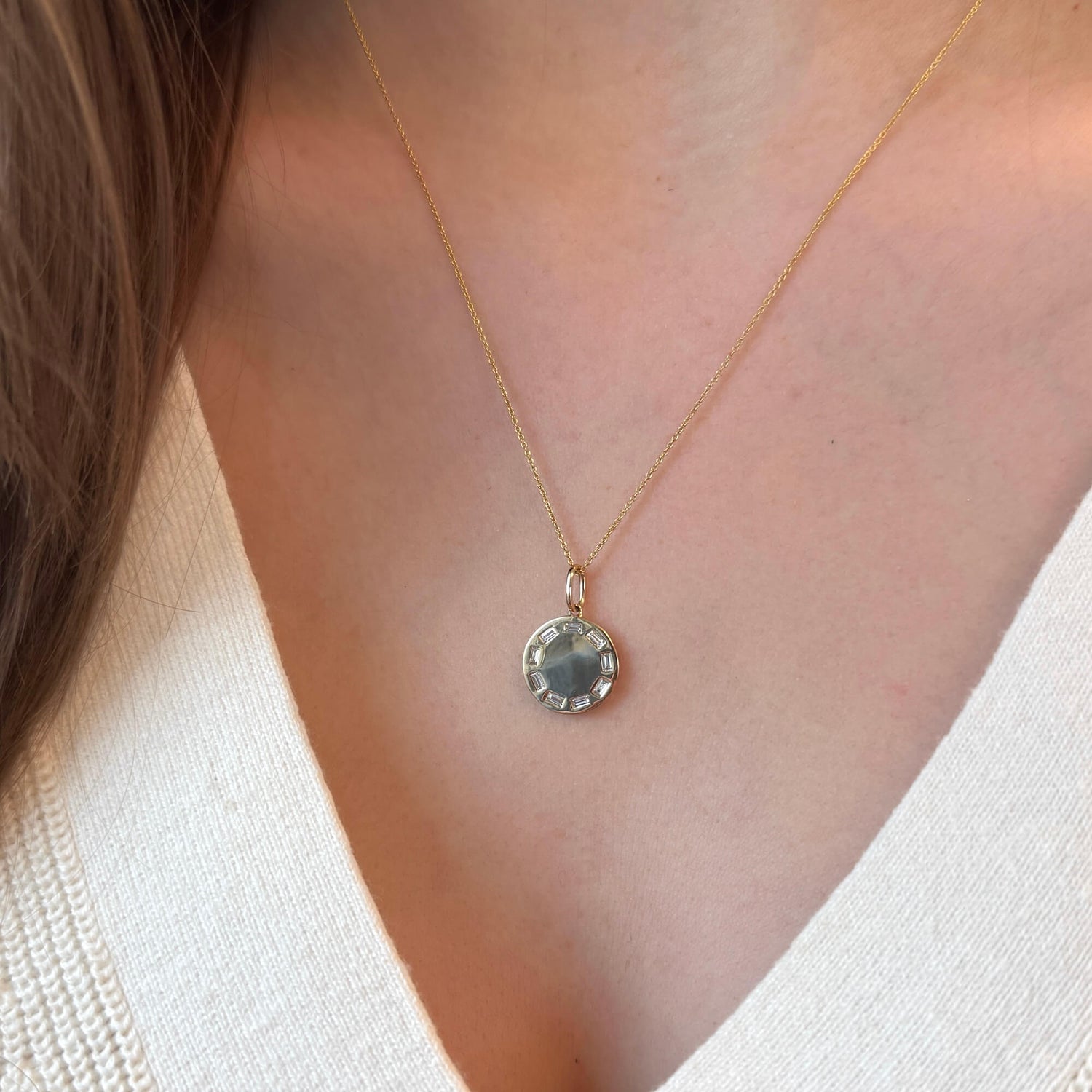 Yellow Gold-2^Designer Diamond Necklaces: DRD Gold Baguette Charm in Yellow Gold