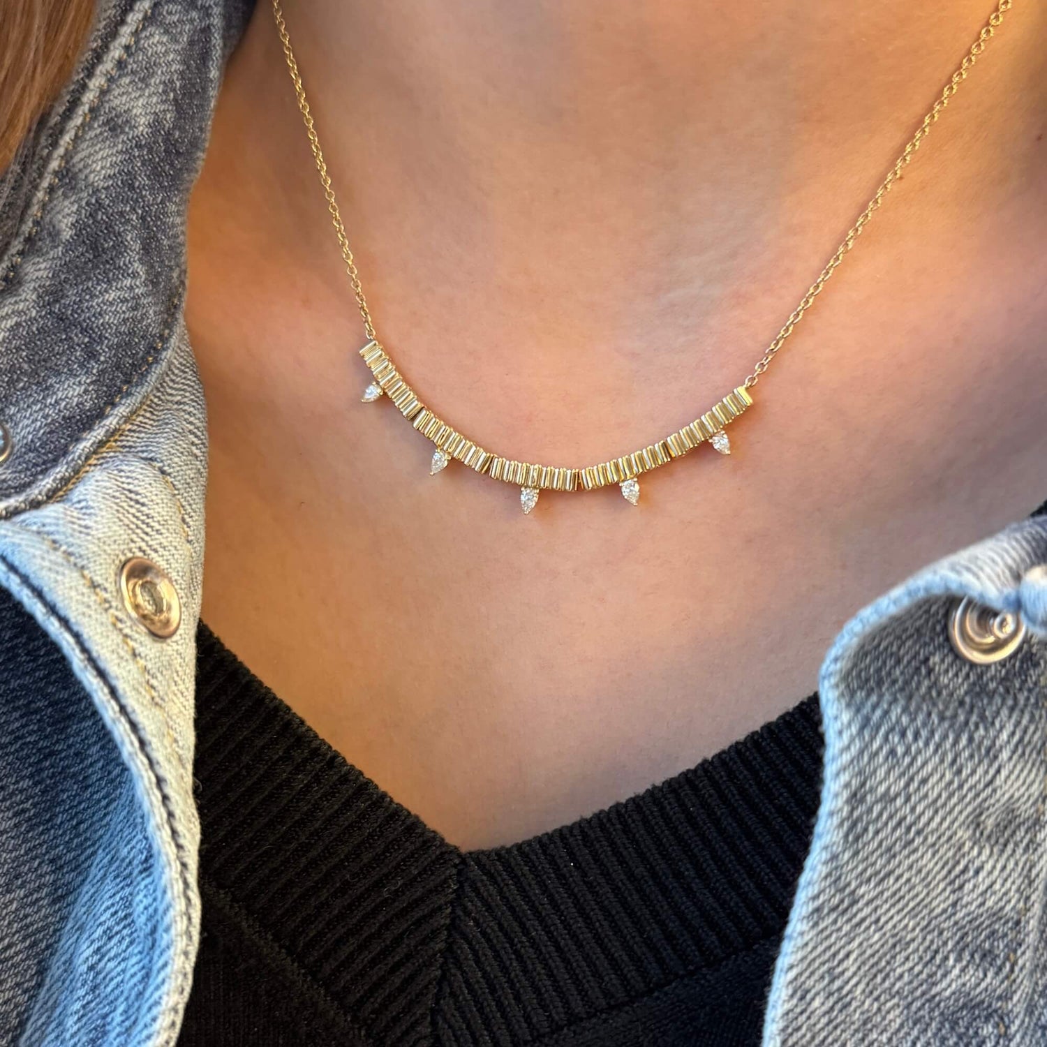 Yellow Gold-2^Designer Diamond Necklaces: Taylor Elaine Fluted Long Bar Necklace in Yellow Gold