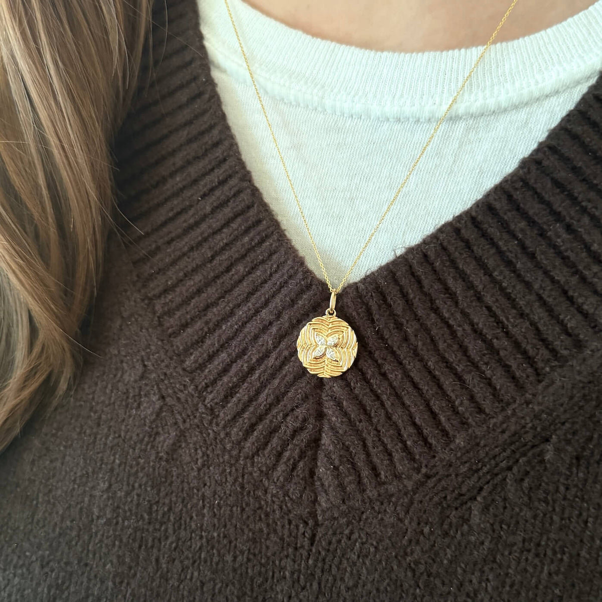Yellow Gold-2^Designer Diamond Necklaces: Teddi Paige Marquise Disc Charm in Yellow Gold