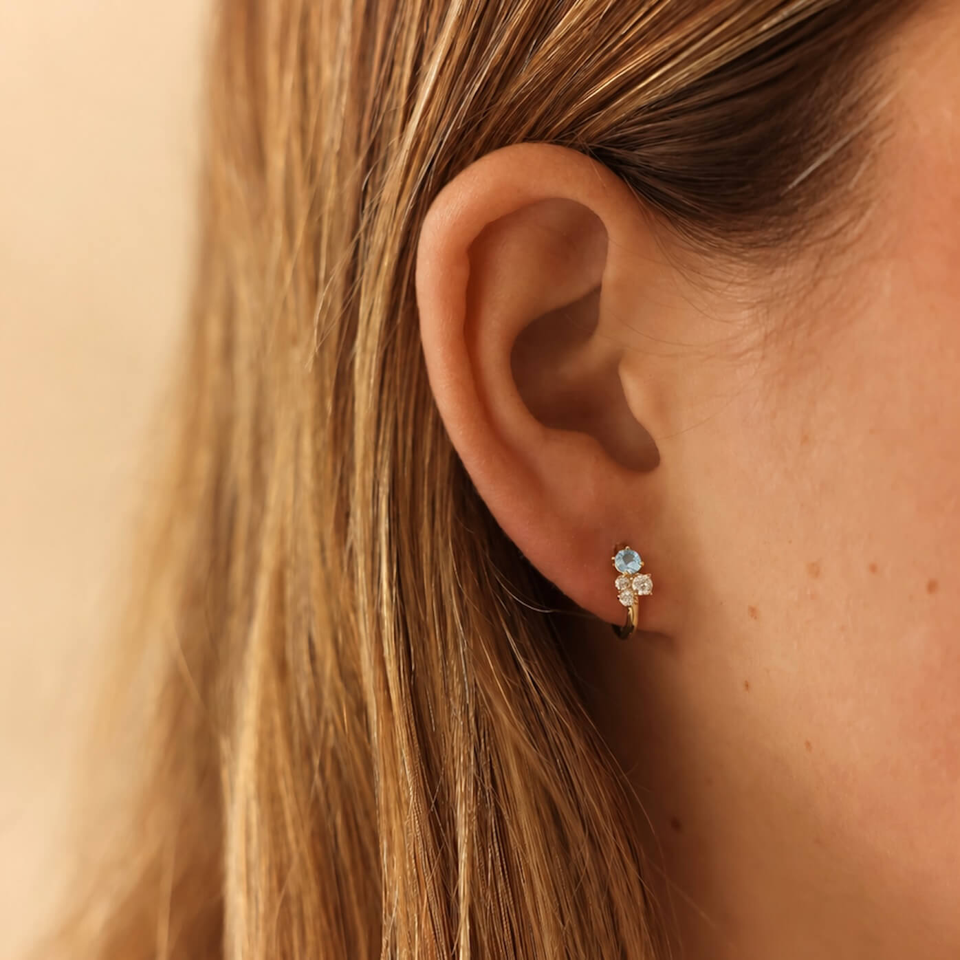 Yellow Gold-2^Diamond Huggie Earrings: DRD Birthstone Huggies - March In Yellow Gold