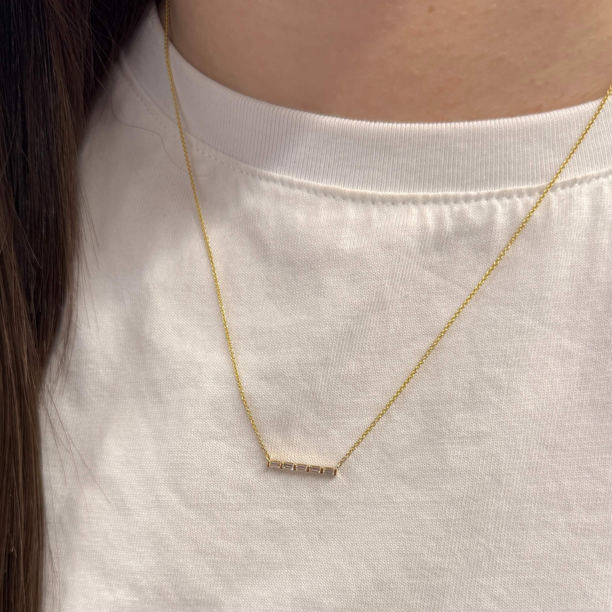 Yellow Gold-2^Diamond Bar Necklaces: Sadie Pearl Diamond Bar Necklace in Yellow Gold