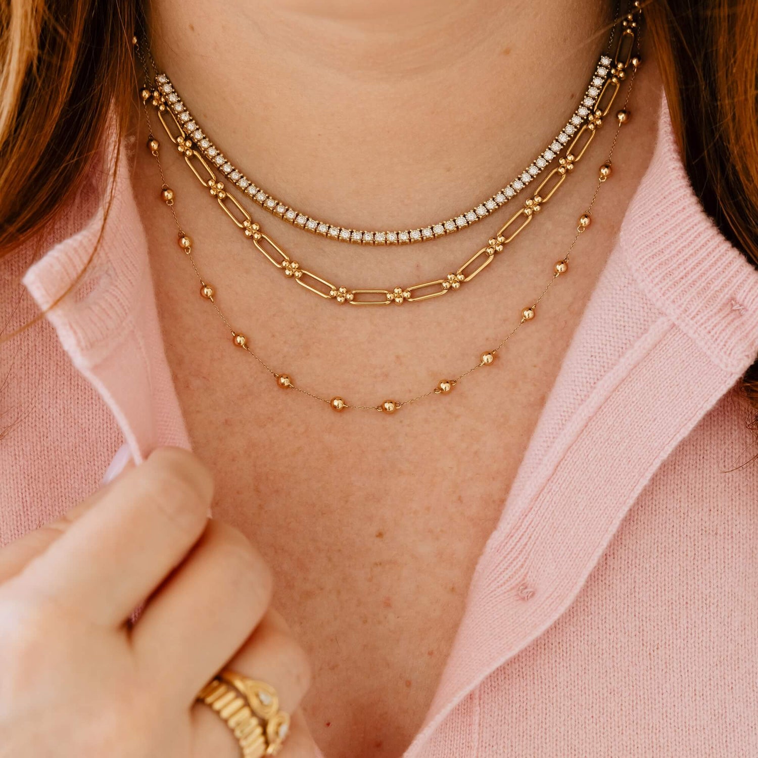 Rose Gold-3^Diamond Station Necklaces: Poppy Rae Eternity Pebble Station Necklace in Rose Gold