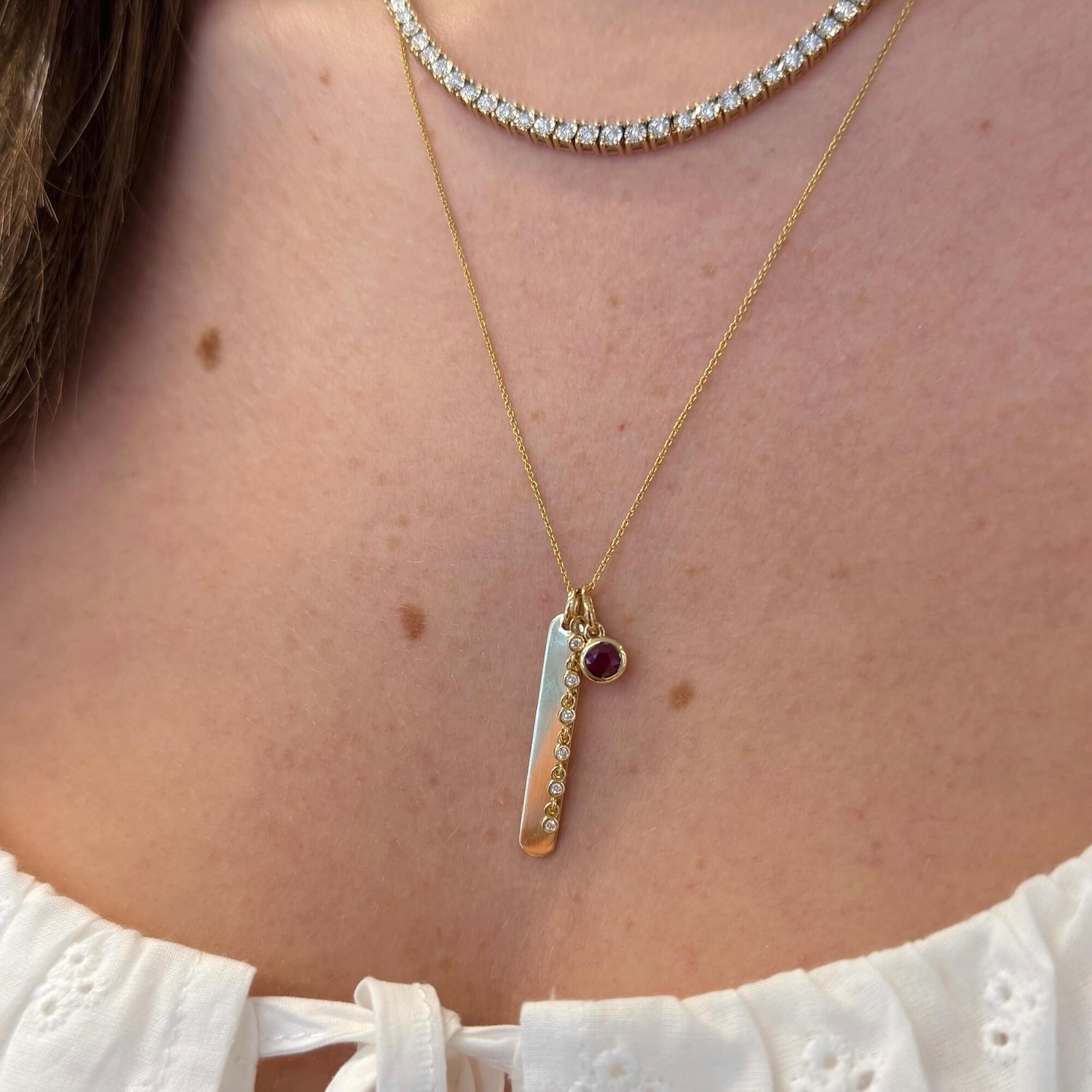 Yellow Gold-9^Diamond Bar Necklaces: Lulu Jack Vertical Bar and Diamond Bezel Link Necklace in Yellow Gold