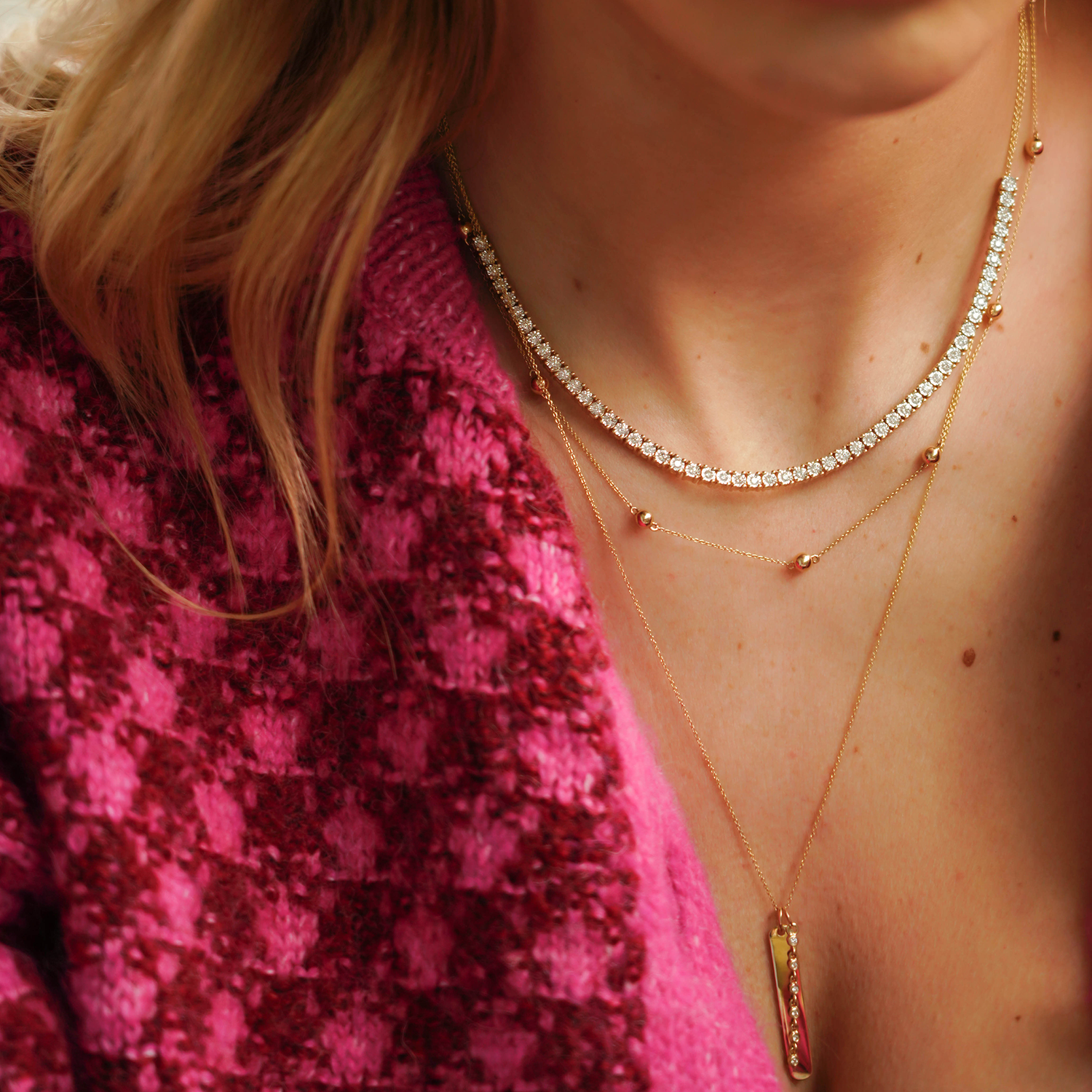 Rose Gold-6^Diamond Station Necklaces: Poppy Rae Pebble Station Necklace in Rose Gold